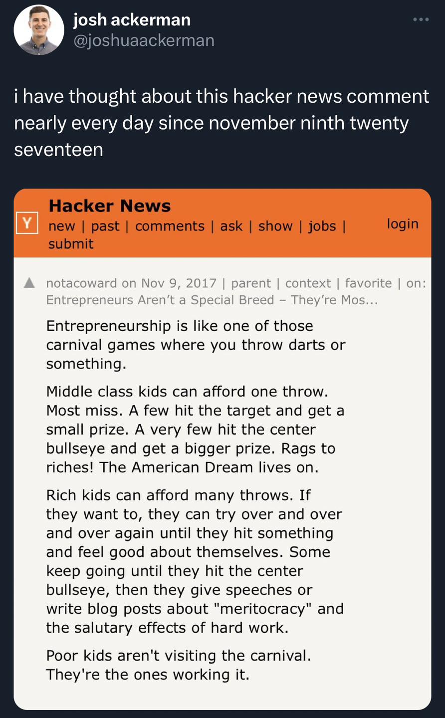 The meme is a screenshot of a comment on a Hacker News thread, where someone is responding to a discussion about the challenges of being an entrepreneur. The comment reads: "In 2-3 sentences: The meme is a screenshot of a humorous comment on Hacker News, where someone is poking fun at the idea that being an entrepreneur is easy. The text reads: "Entrepreneurship is like a game of dodgeball where you get hit by a barrage of problems and have to dodge them all while getting constantly injured and still have to keep playing."